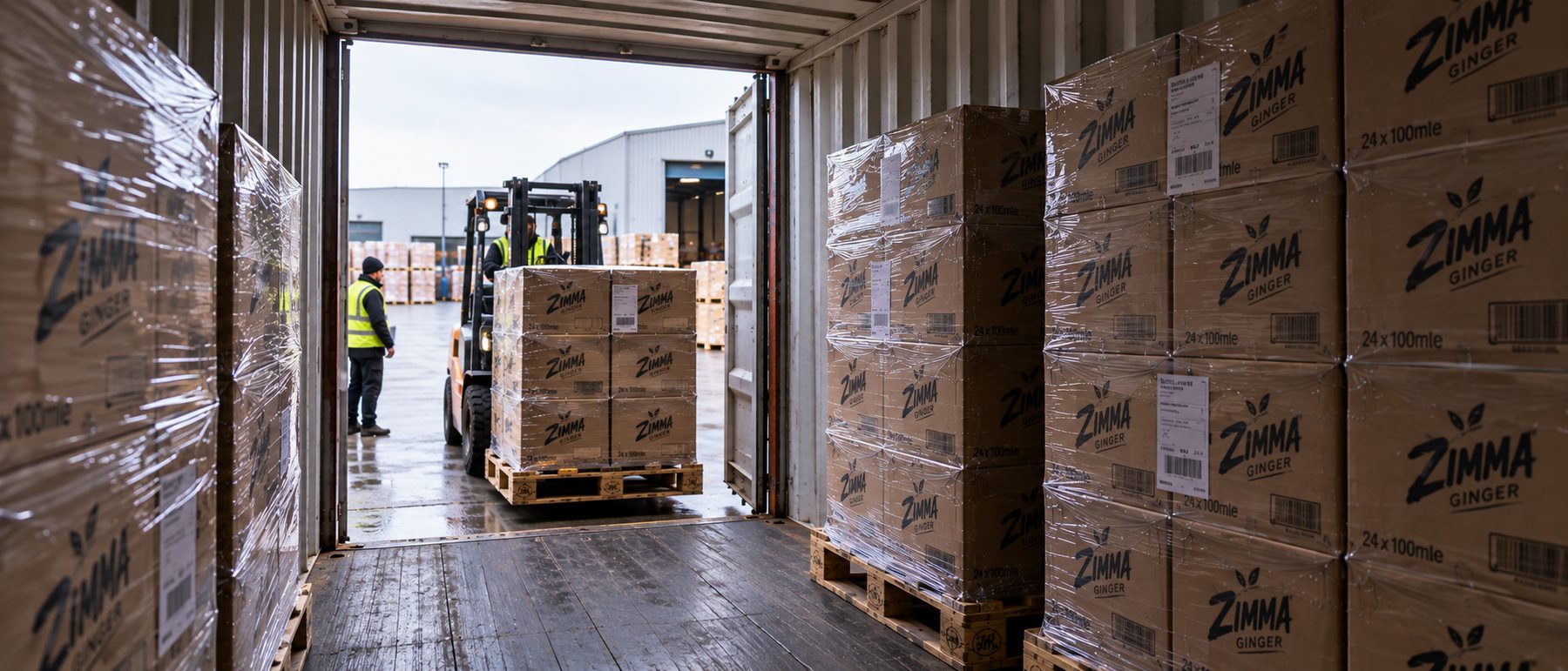 Zimma Ginger pallets being loaded into a shipping container