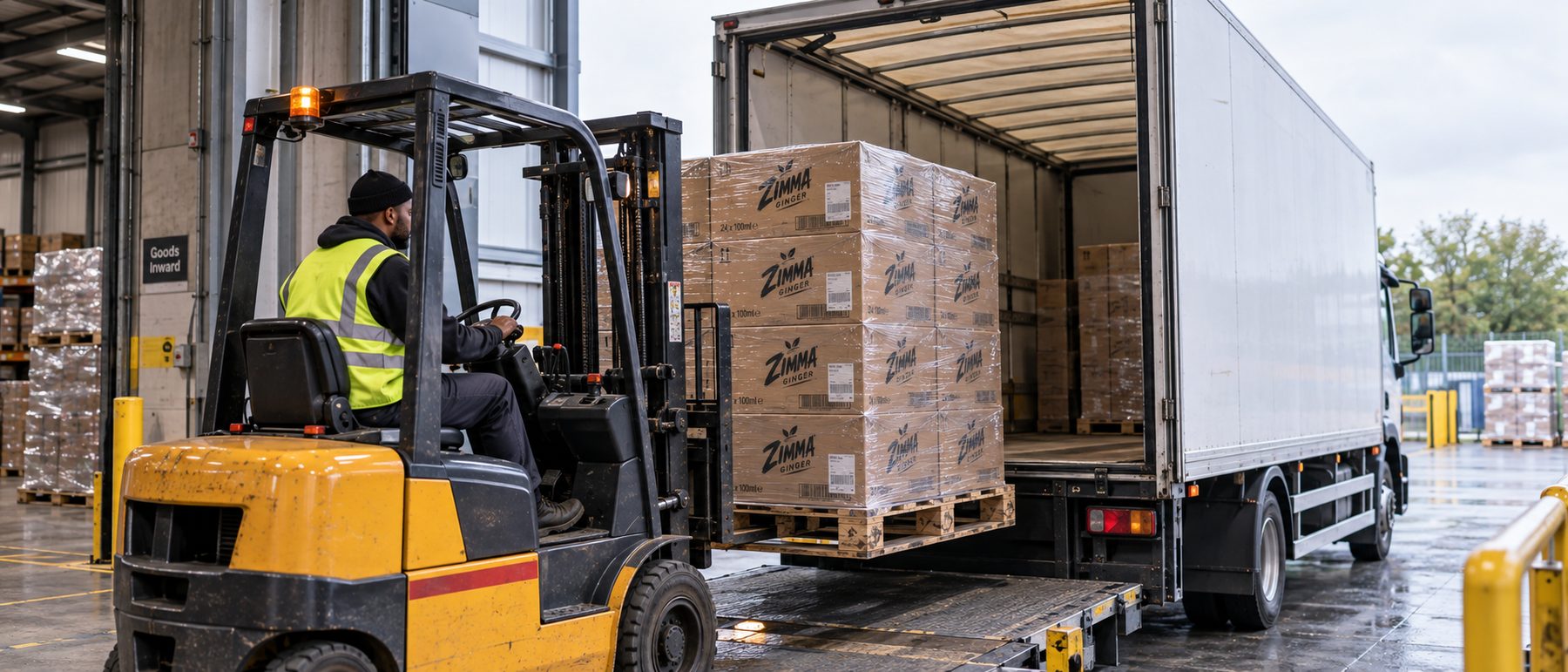 Zimma Ginger pallets at a goods-inward loading bay