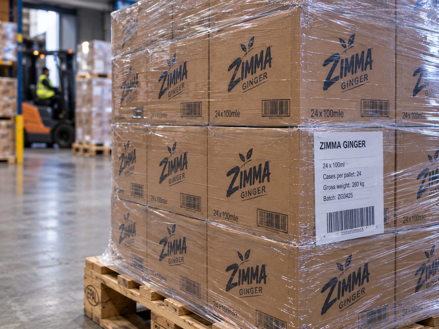 Close-up of a Zimma Ginger pallet label showing case count and batch details