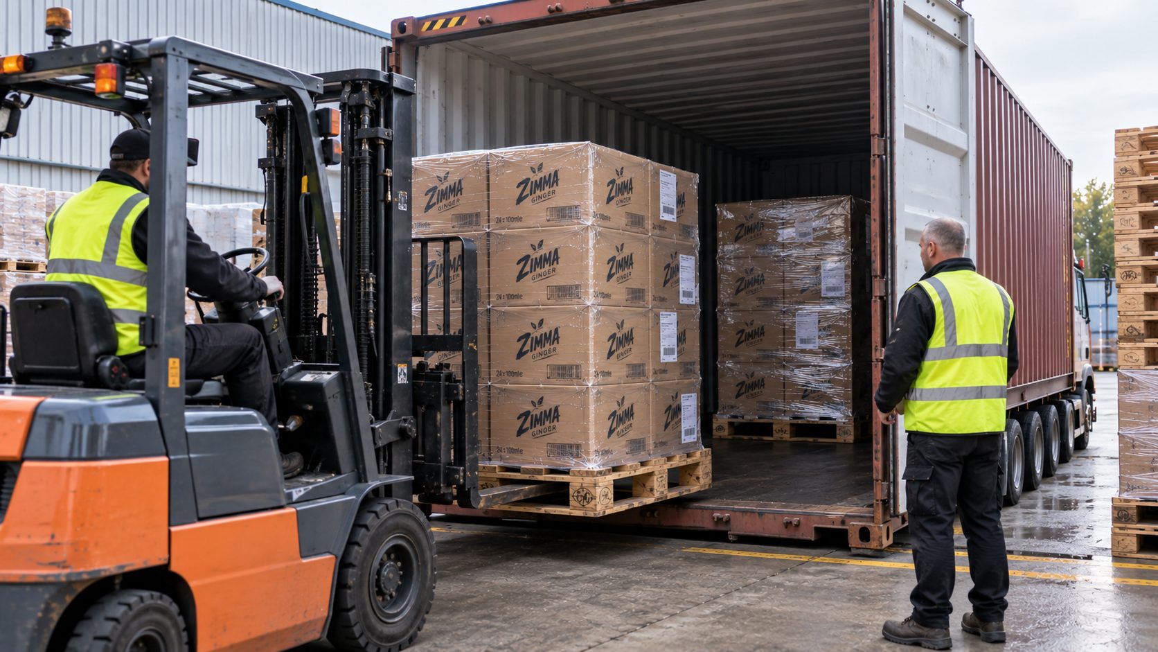 Forklift loading a Zimma Ginger pallet into a trailer