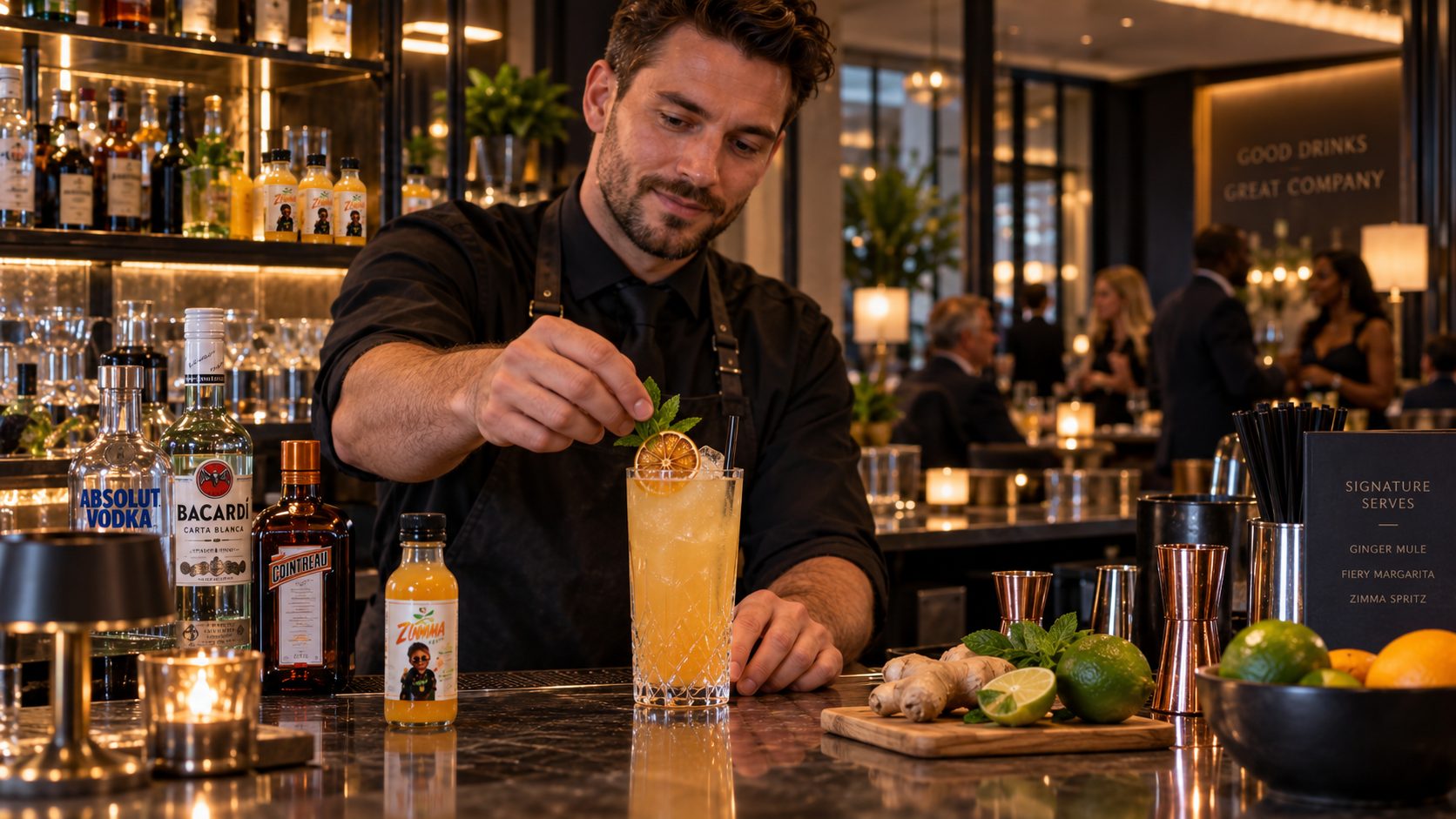 A bartender garnishing a Zimma Ginger cocktail at an upscale bar