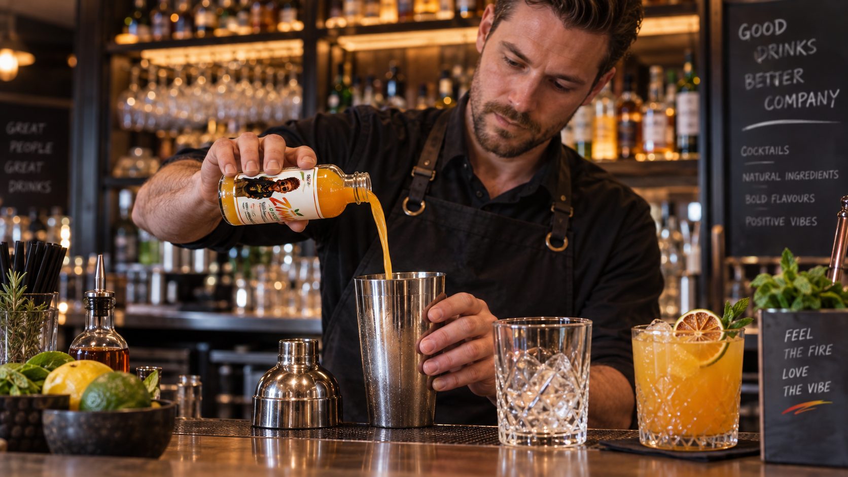 A bartender pouring Zimma Ginger into a cocktail shaker