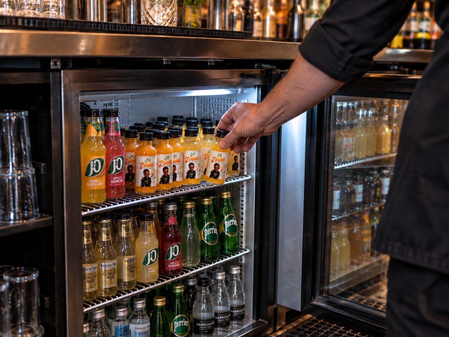 A bartender stocking Zimma Ginger into a back-bar fridge