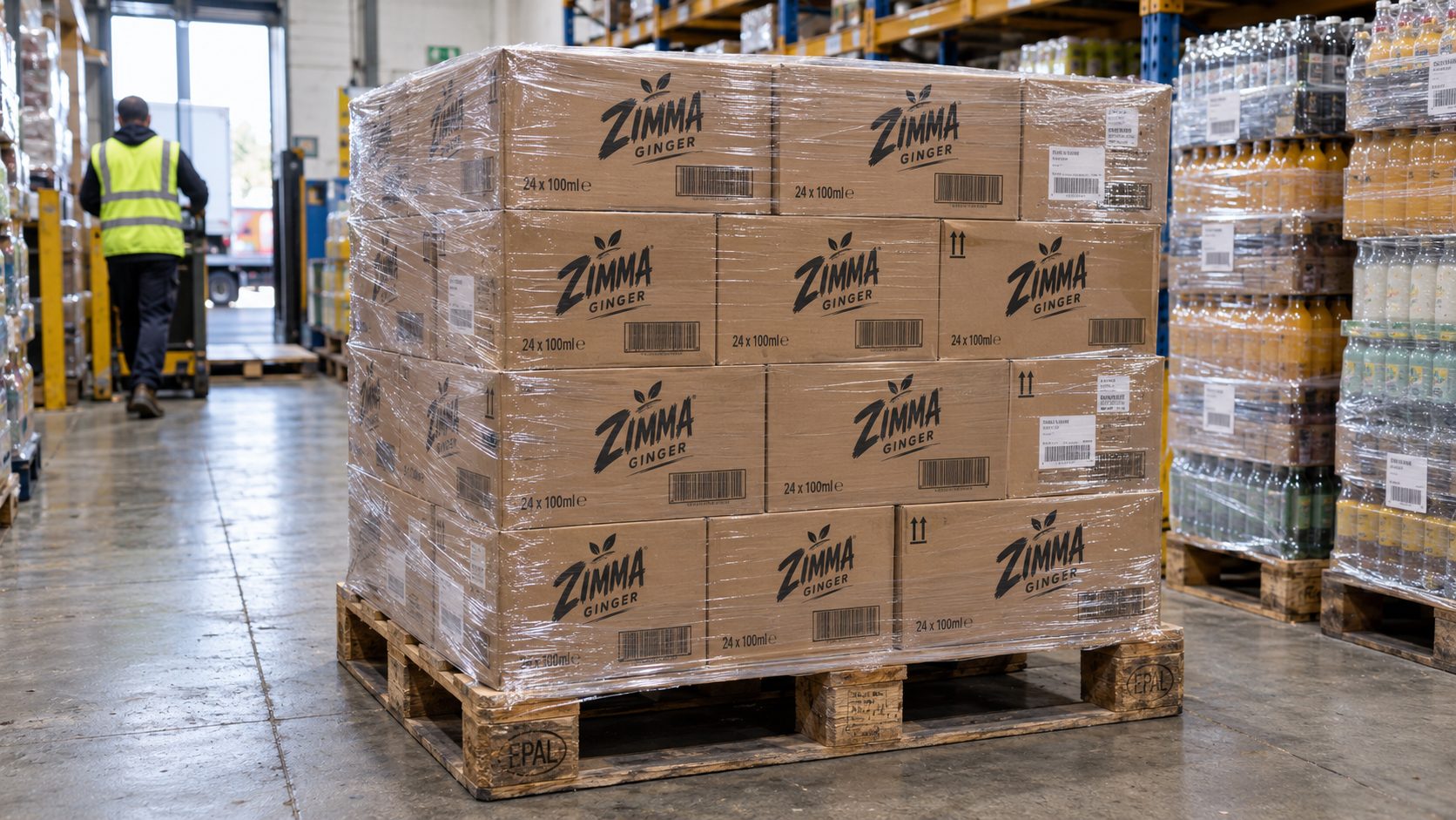 A pallet of Zimma Ginger cases in a national distribution warehouse