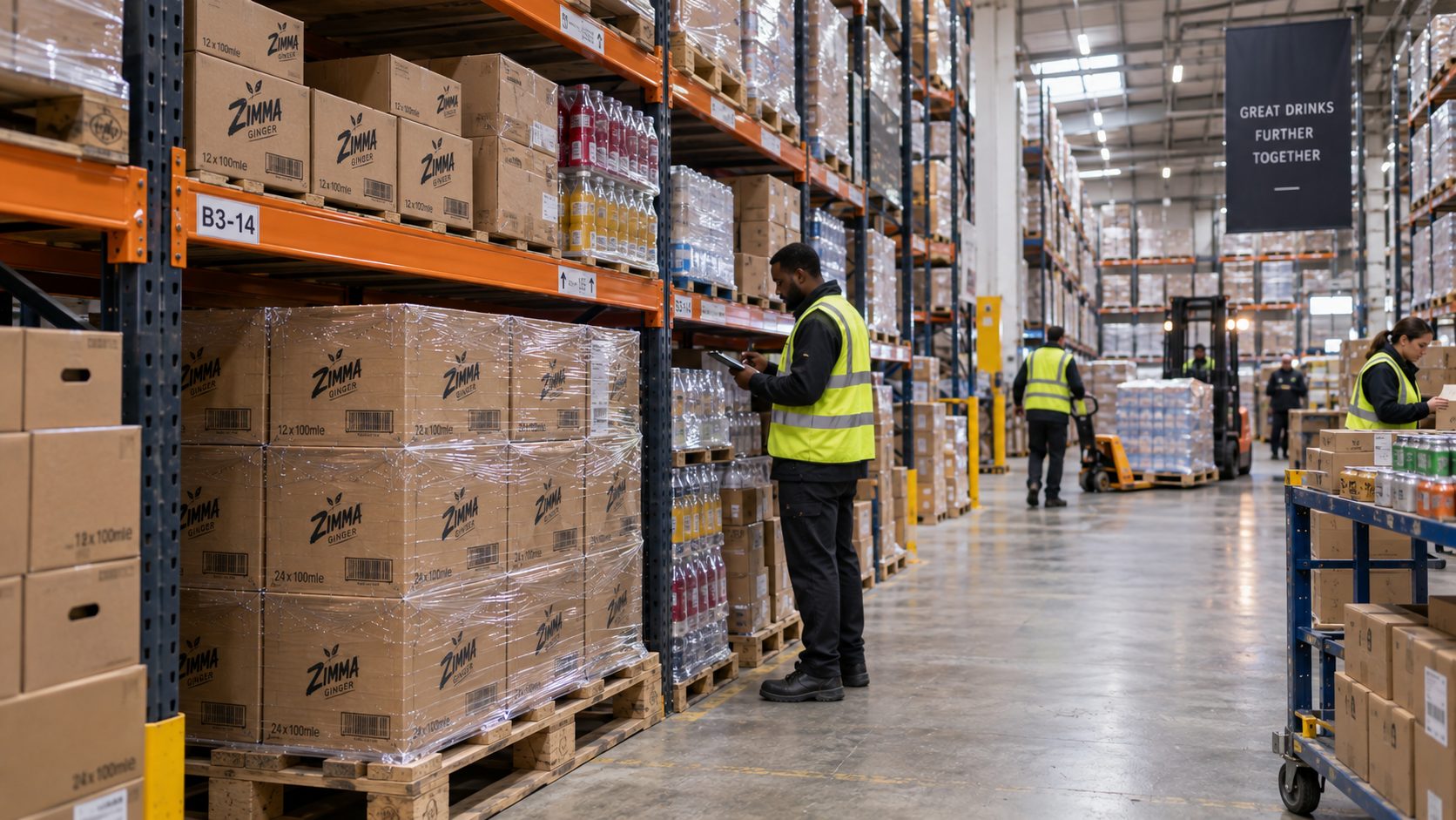 A warehouse operative checking stock in a large national distribution centre aisle