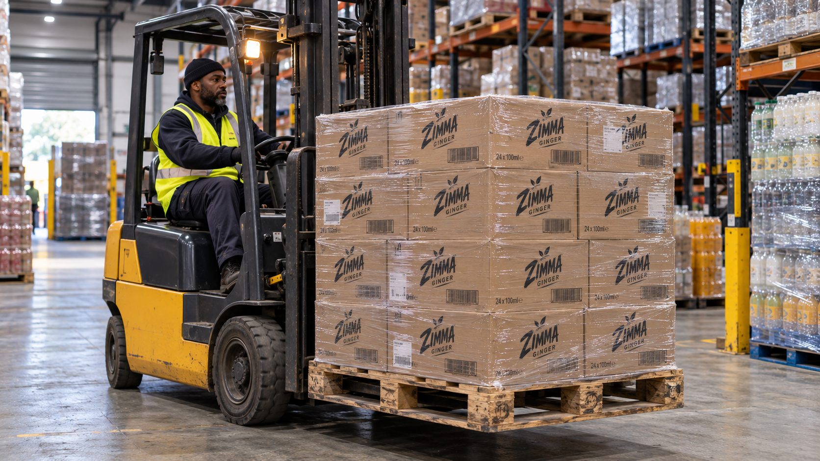 A forklift moving a pallet of Zimma Ginger through a large distribution centre