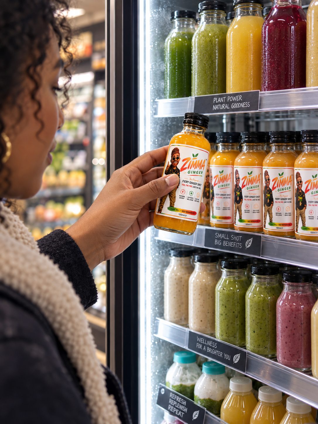A customer picking up a Zimma Ginger shot from a store cooler