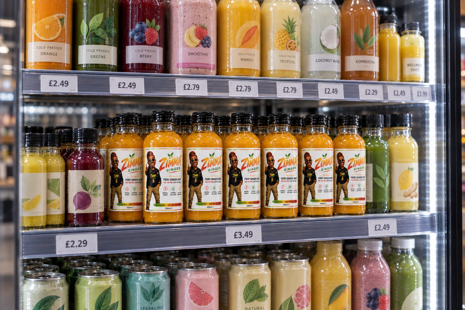 Zimma Ginger priced and shelved among other wellness drinks in a store fridge
