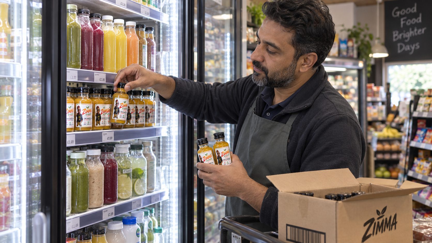 A shopkeeper stocking Zimma Ginger into a store wellness fridge