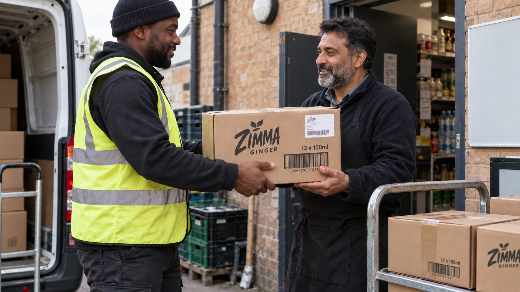 A delivery driver handing a case of Zimma Ginger to an independent retailer